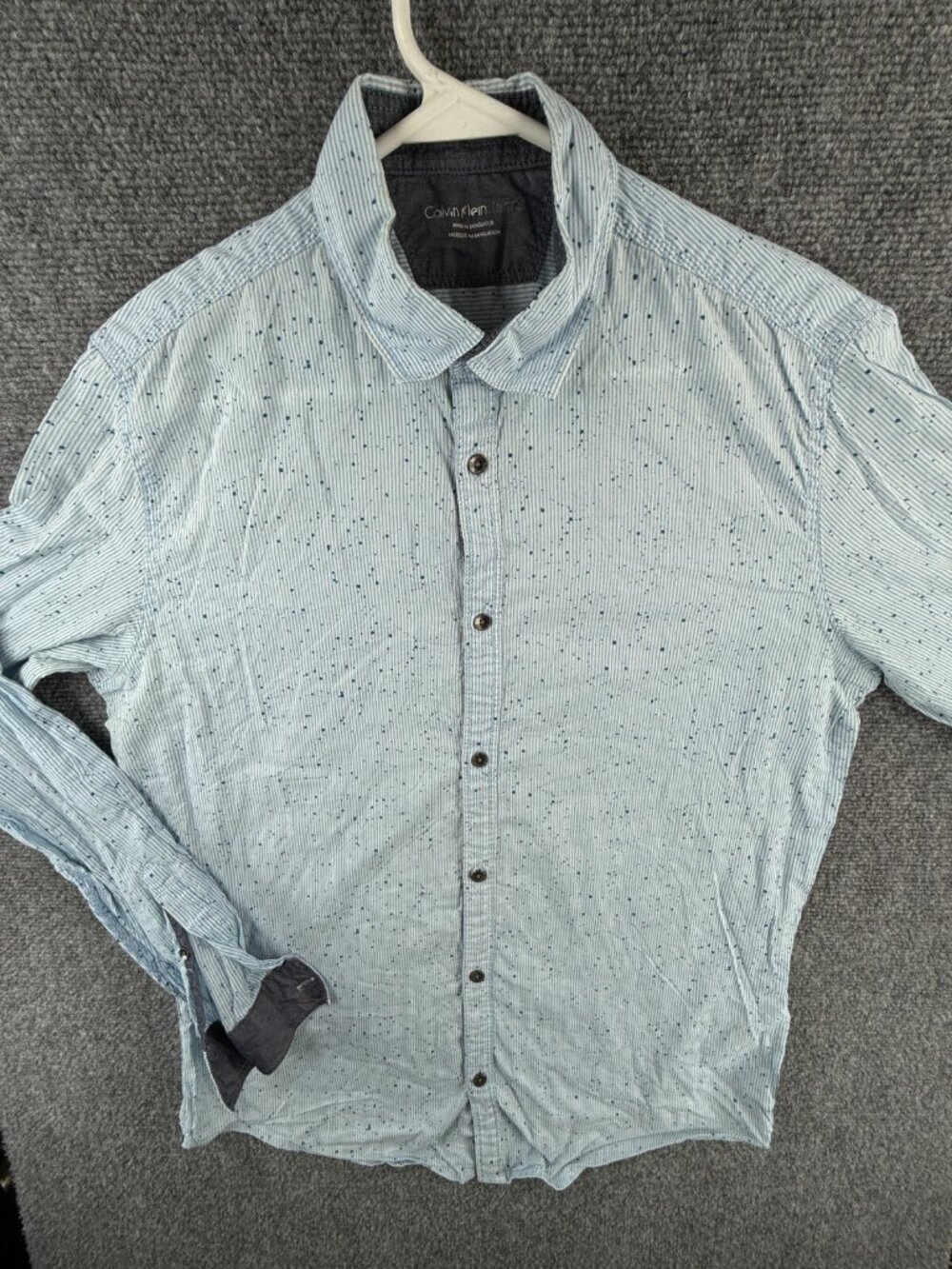 Calvin Klein Button Up Shirt Men Blue Striped Speckled Large Cotton Woven Adult